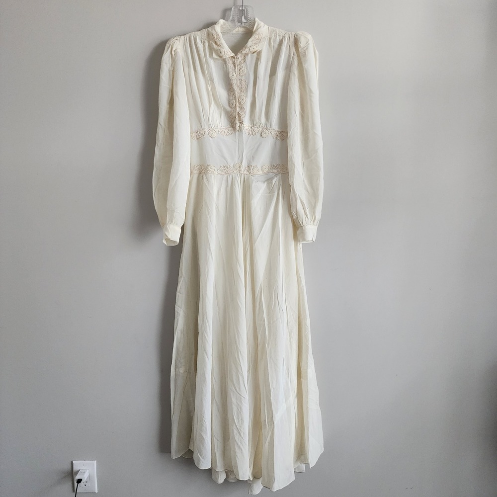 Vintage 1930s Prairie Wedding Dress Womens XS Cream Embroidered Edwardian *READ